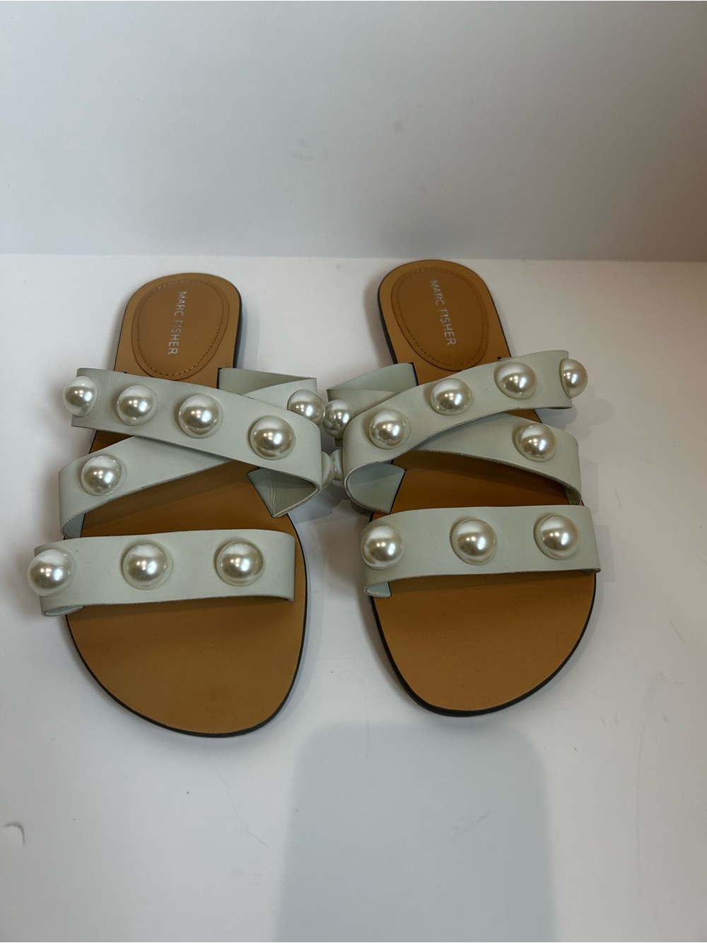 Marc Fisher White Leather Slide Sandals with Pearl Studs